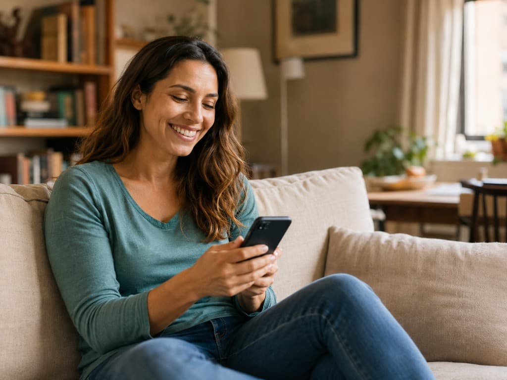 A person relaxing at home while using a phone